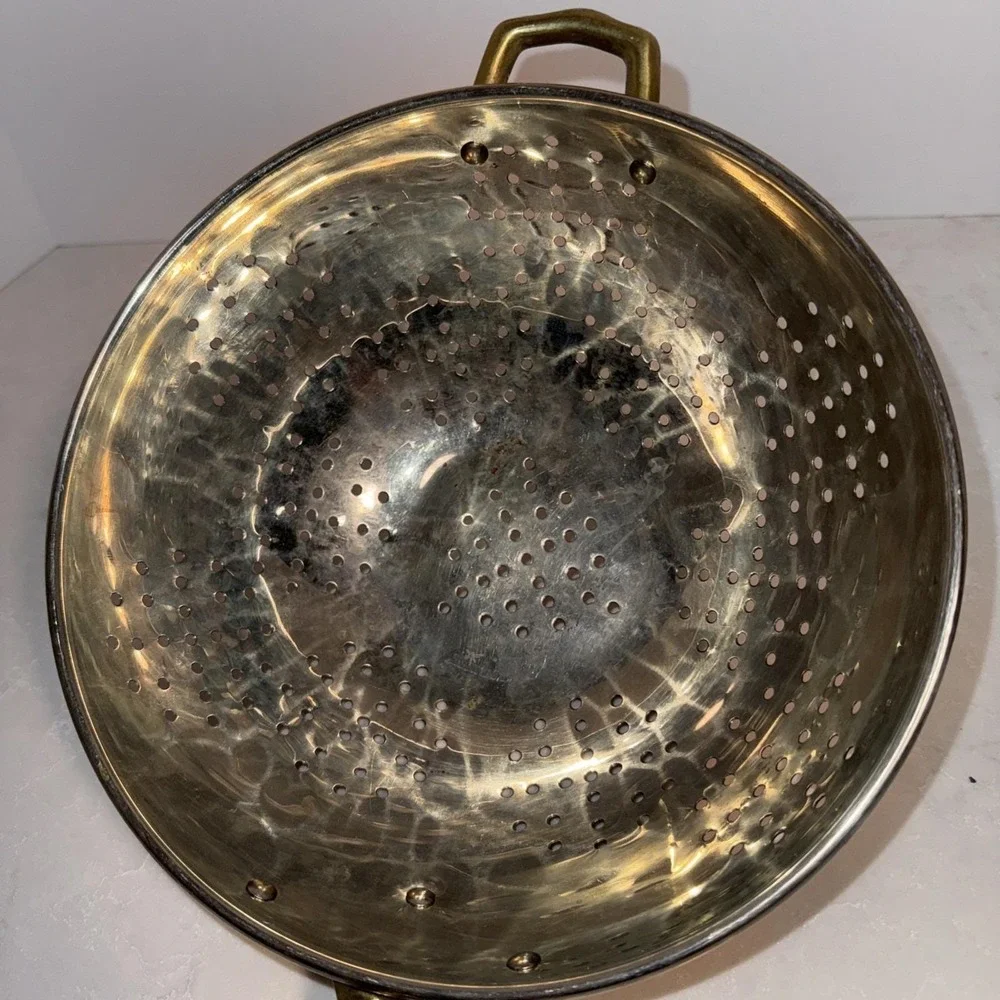 Vtg Copper and Brass Colander Strainer Kitchenware Brass And Wood Handle